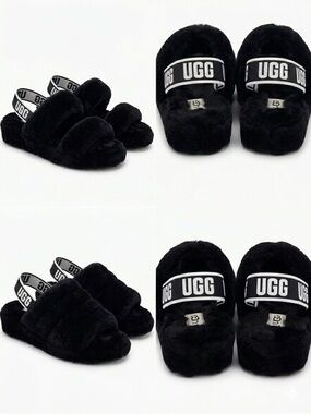 UGG Black Fuzzy Shearling Slide Sandals with Logo Heel Strap